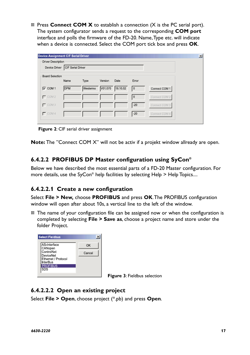 2 profibus dp master configuration using sycon, 1 create a new configuration, 2 open an existing project | Westermo FD-20 User Manual | Page 17 / 32