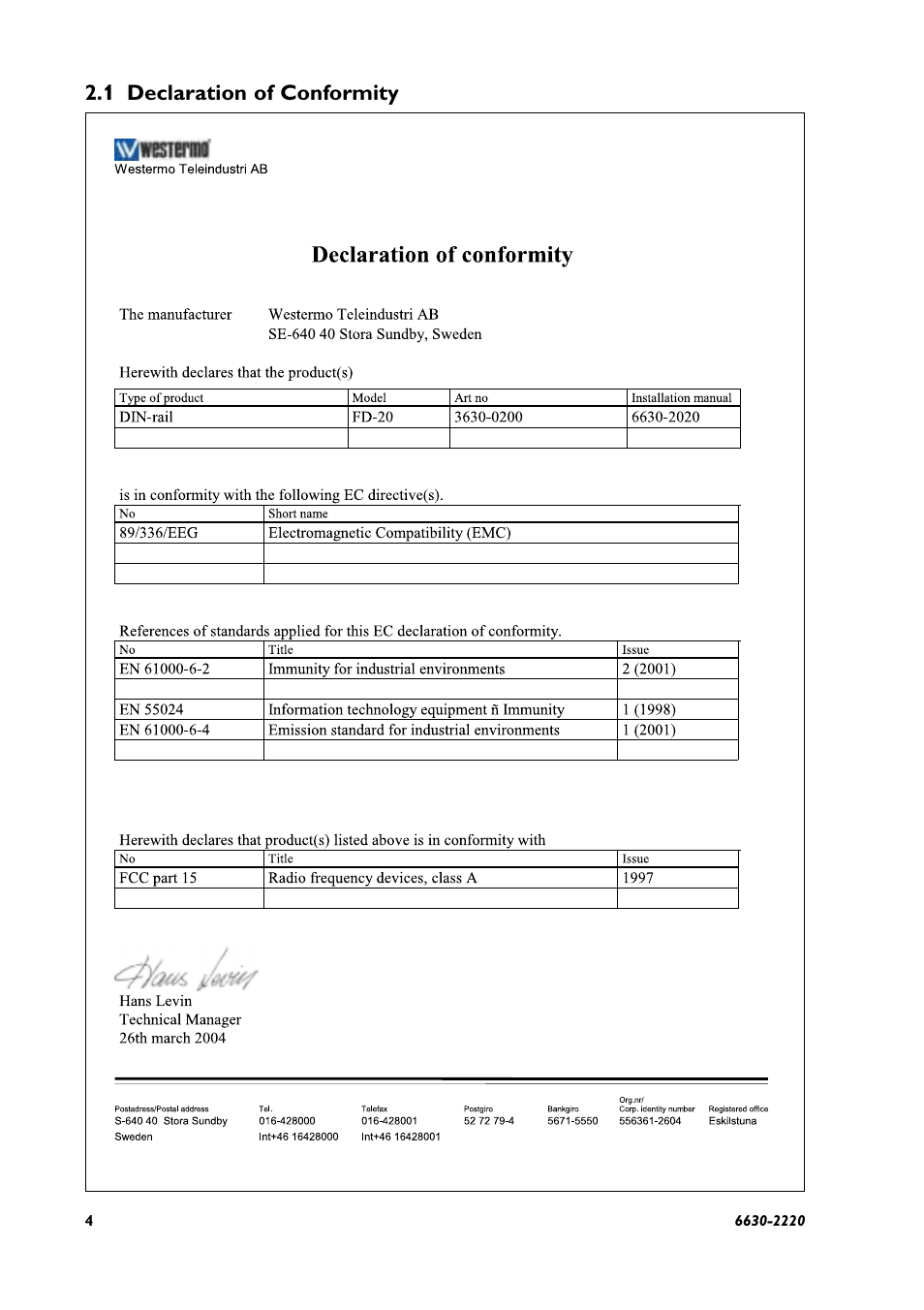 1 declaration of conformity | Westermo FD-20 User Manual | Page 4 / 32