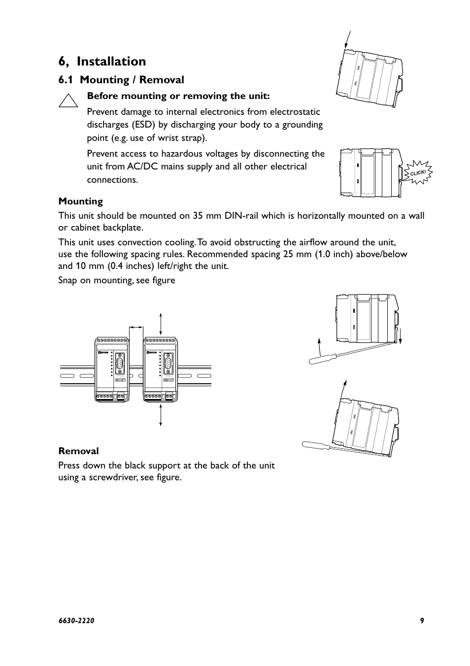 6, installation, 1 mounting / removal | Westermo FD-20 User Manual | Page 9 / 32