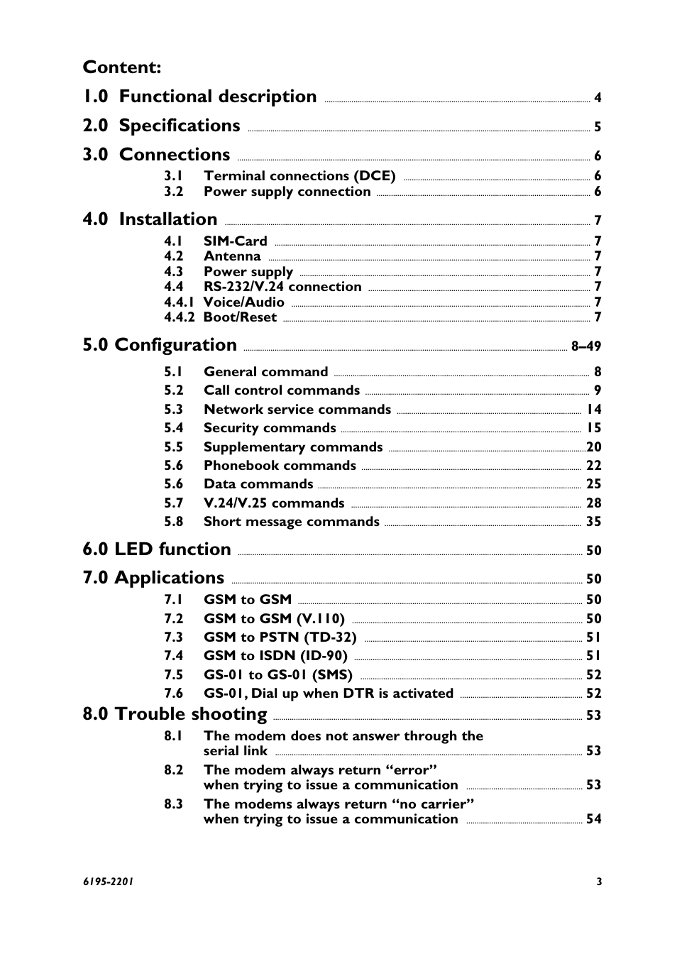 Content: 1.0 functional description, 0 specifications, 0 connections | 0 installation, 0 configuration, 0 led function, 0 applications, 0 trouble shooting | Westermo GS-01 User Manual | Page 3 / 56