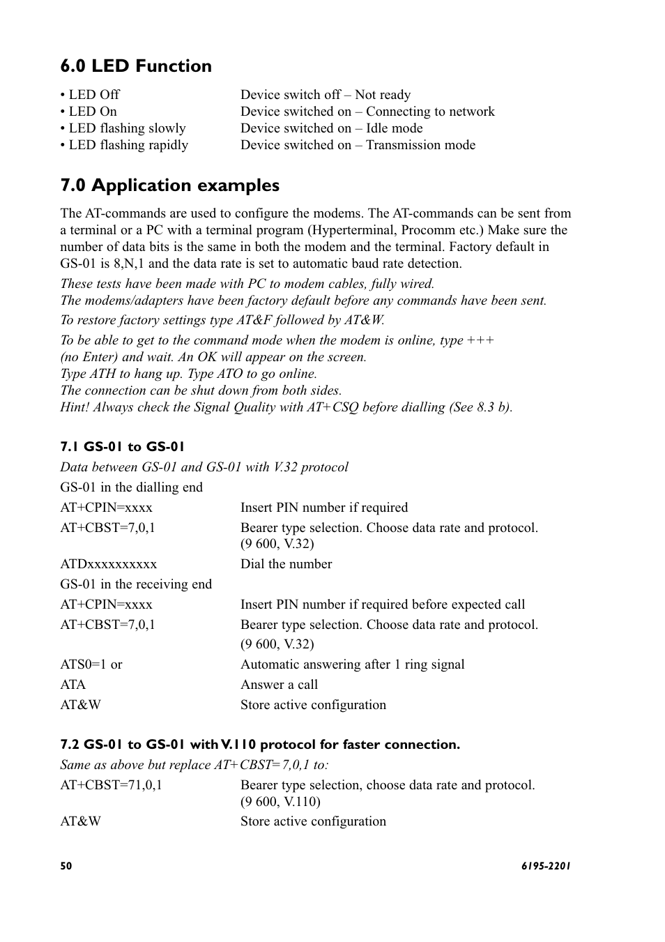 0 led function, 0 applications, Gsm to gsm | Gsm to gsm (v.110), 0 application examples | Westermo GS-01 User Manual | Page 50 / 56