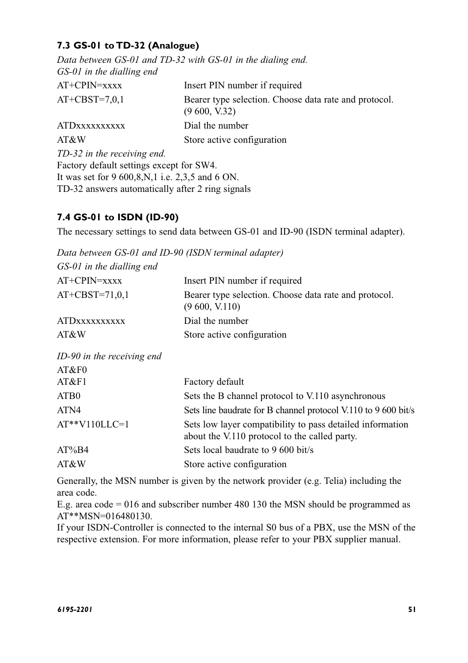 Gsm to pstn (td-32), Gsm to isdn (id-90) | Westermo GS-01 User Manual | Page 51 / 56