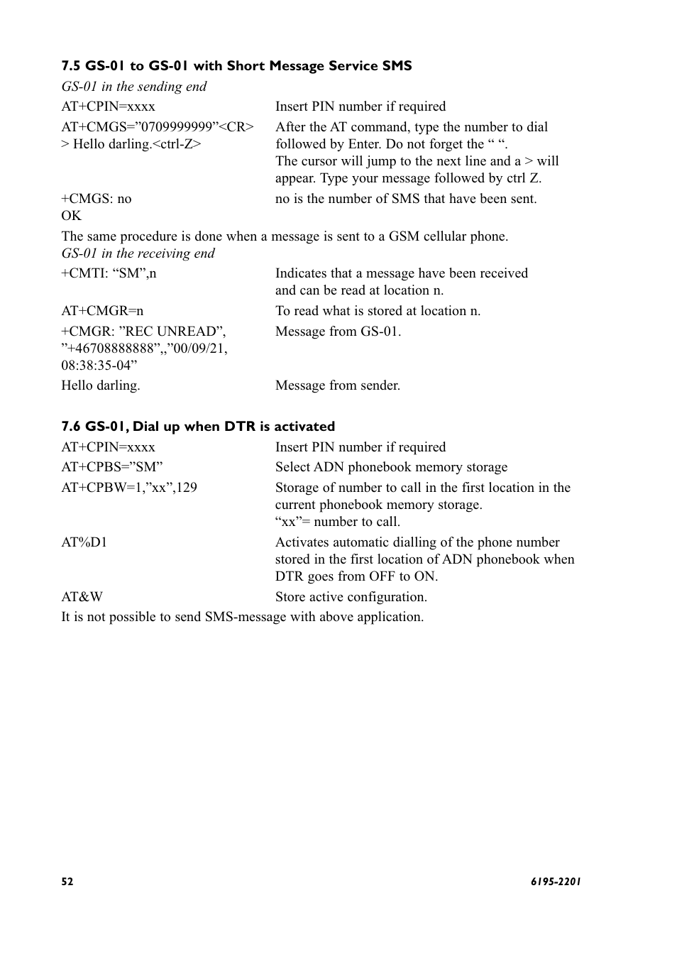 Gs-01 to gs-01 (sms), Gs-01, dial up when dtr is activated | Westermo GS-01 User Manual | Page 52 / 56