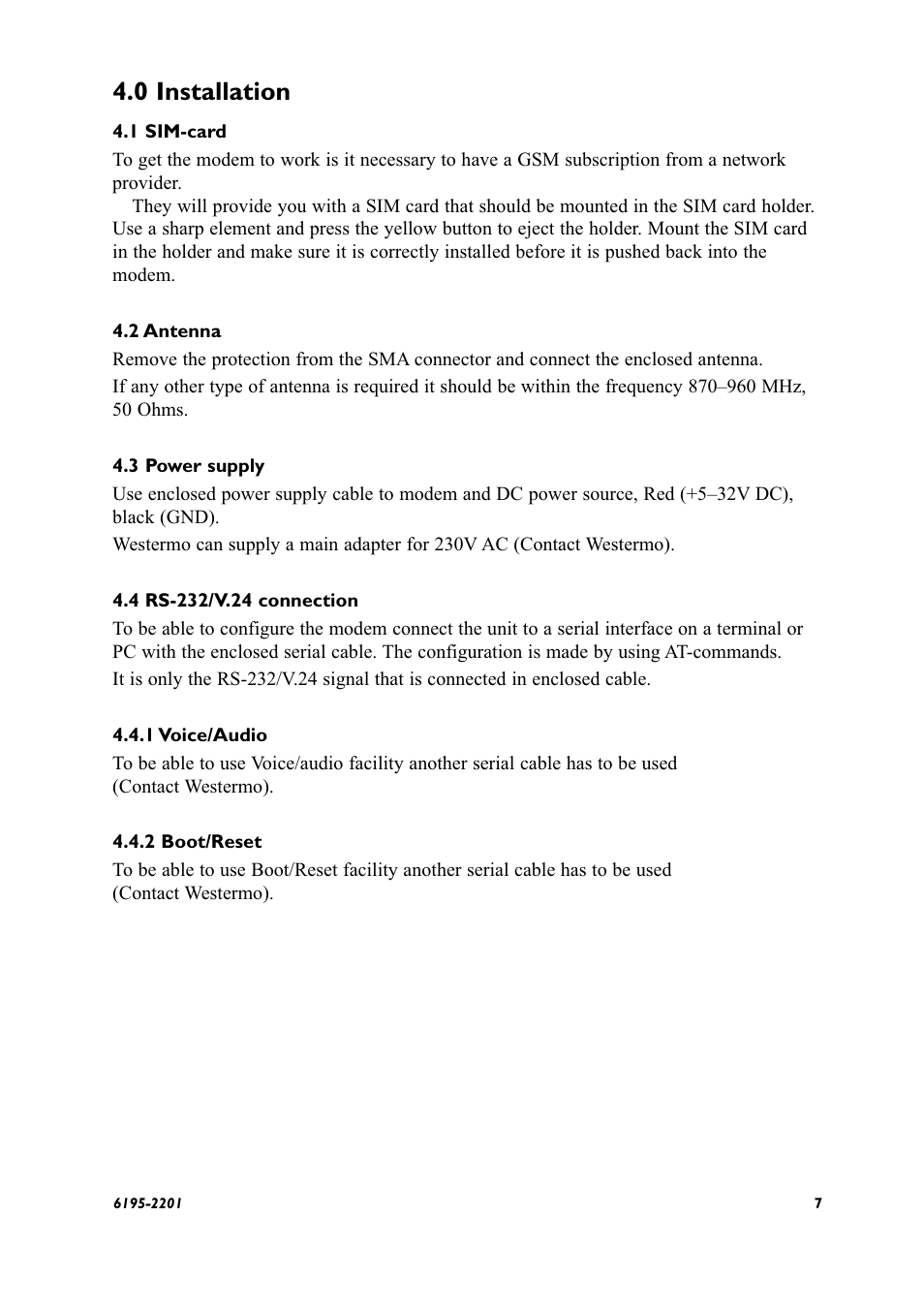 0 installation, Sim-card, Antenna | Power supply, Rs-232/v.24 connection, 1 voice/audio, 2 boot/reset | Westermo GS-01 User Manual | Page 7 / 56