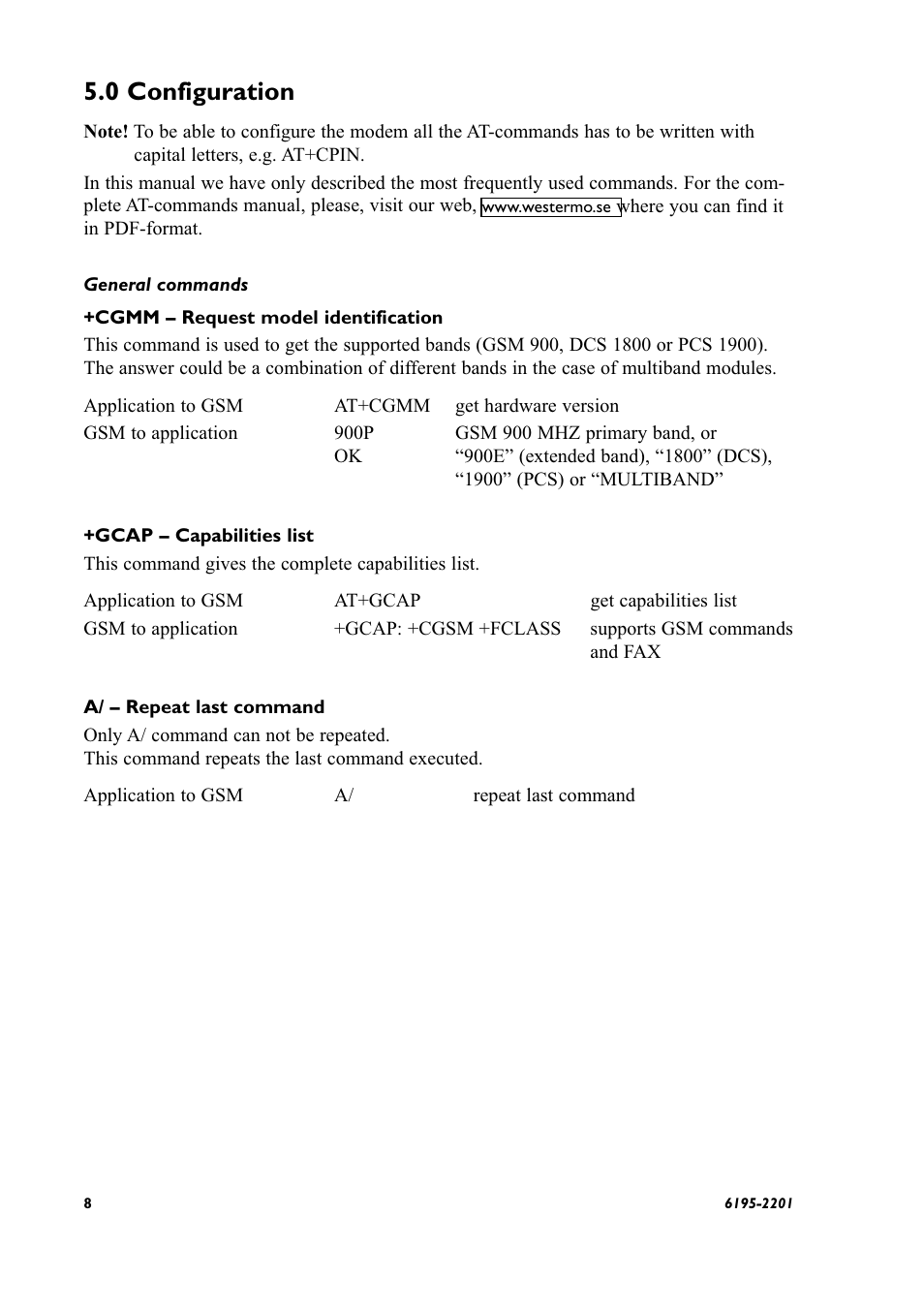 0 configuration, General command | Westermo GS-01 User Manual | Page 8 / 56