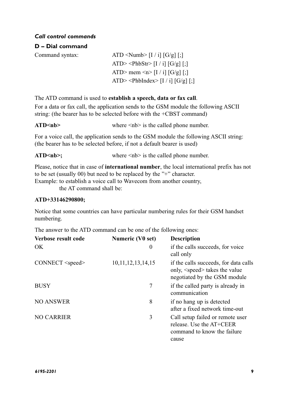 Call control commands | Westermo GS-01 User Manual | Page 9 / 56