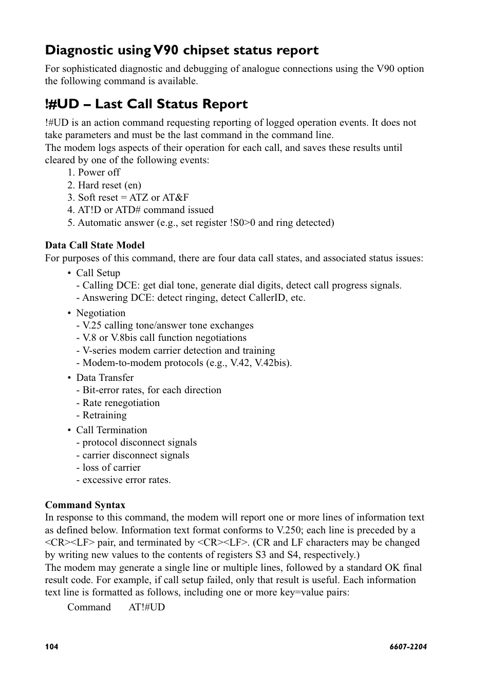 Diagnostic using v90 chipset status report, Ud – last call status report | Westermo ID-90 User Manual | Page 104 / 124