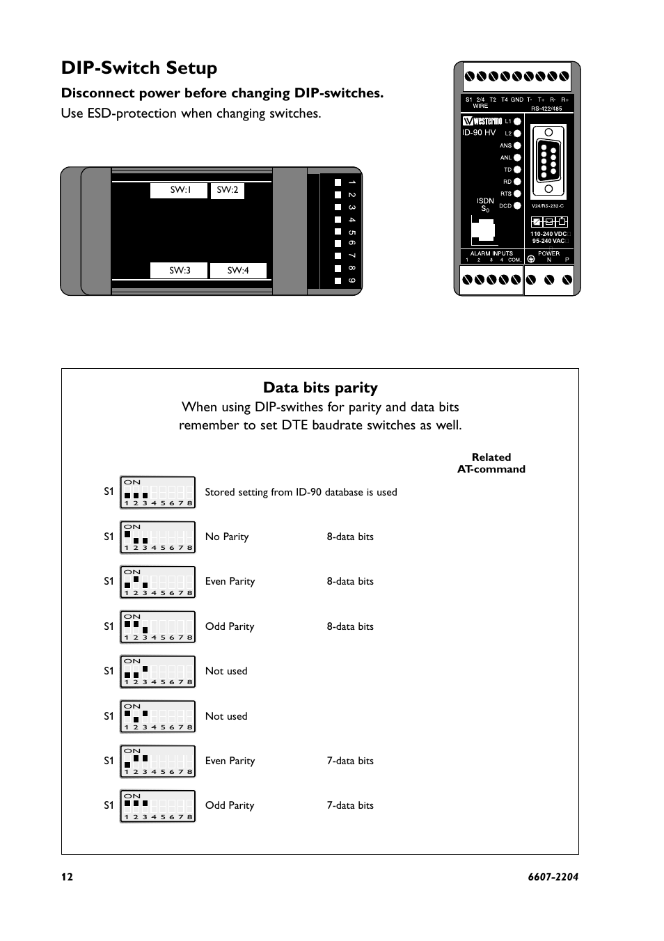 Dip-switch setup, Data bits parity | Westermo ID-90 User Manual | Page 12 / 124