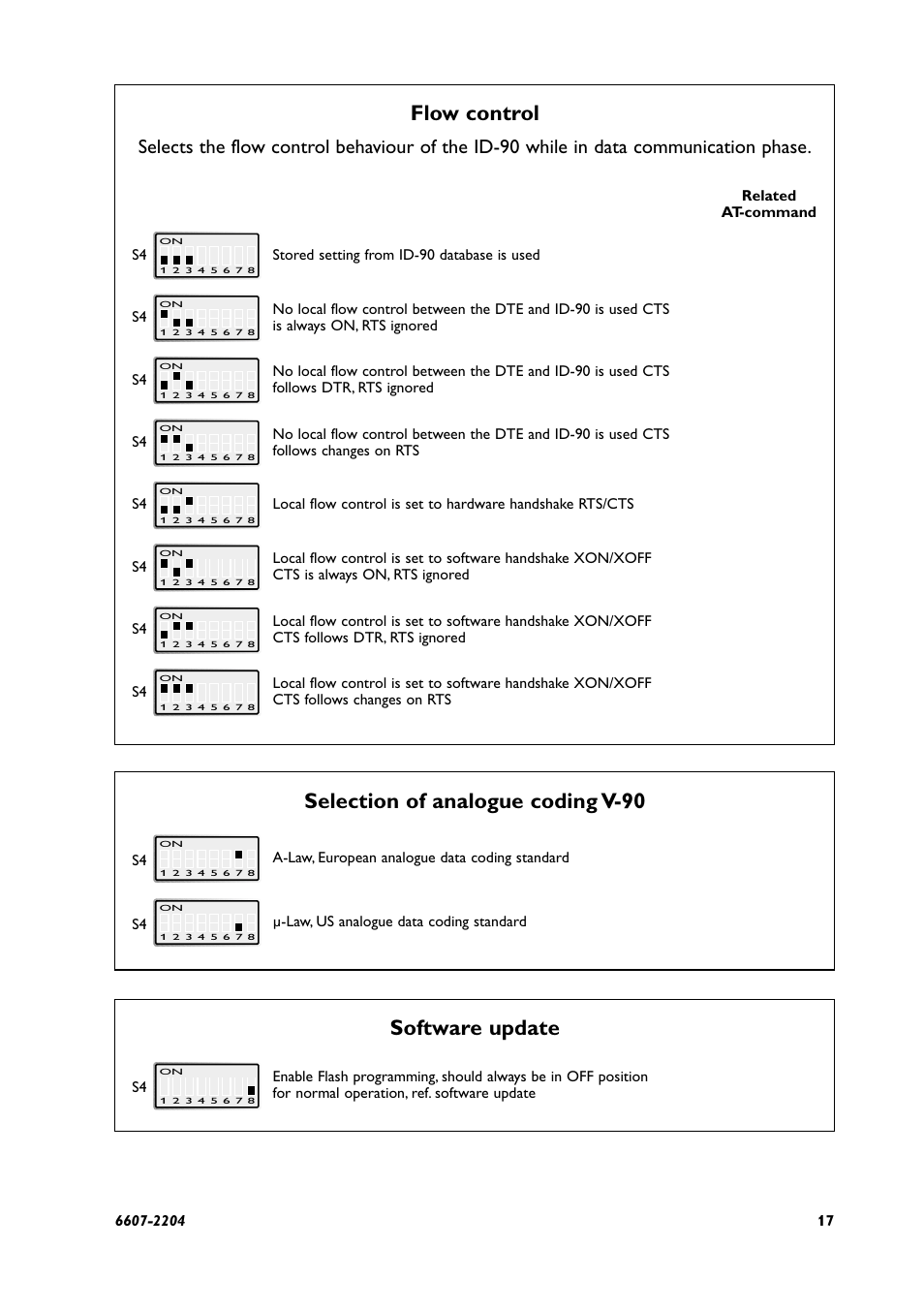 Flow control, Software update, Selection of analogue coding v-90 | Westermo ID-90 User Manual | Page 17 / 124