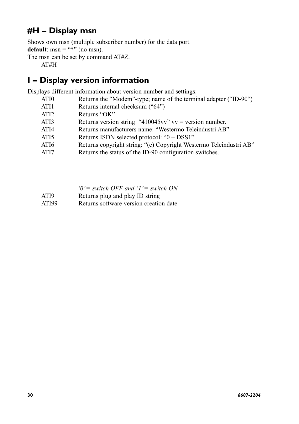 H – display msn, I – display version information | Westermo ID-90 User Manual | Page 30 / 124