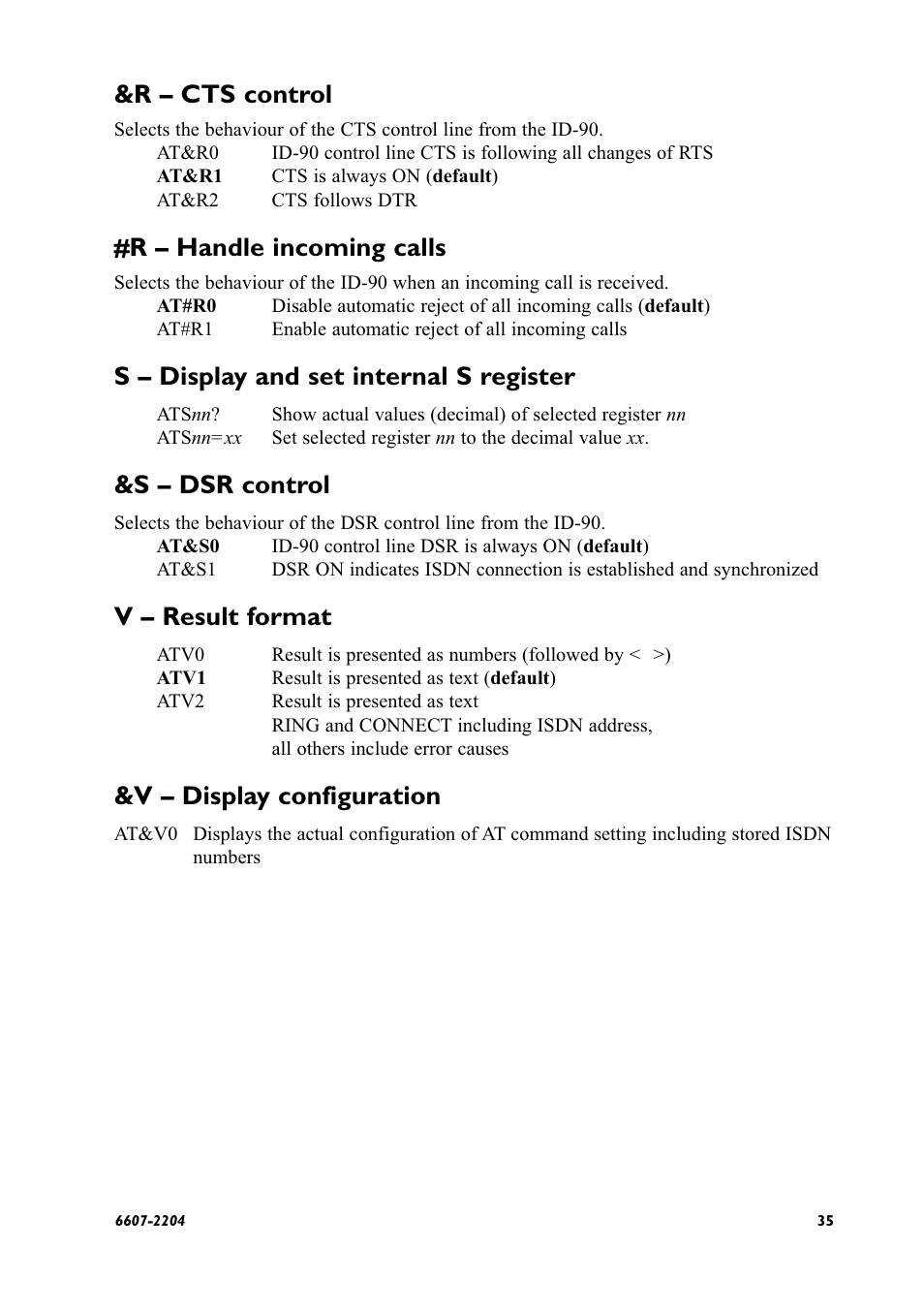 R – cts control, R – handle incoming calls, S – display and set internal s register | S – dsr control, V – result format, V – display configuration | Westermo ID-90 User Manual | Page 35 / 124