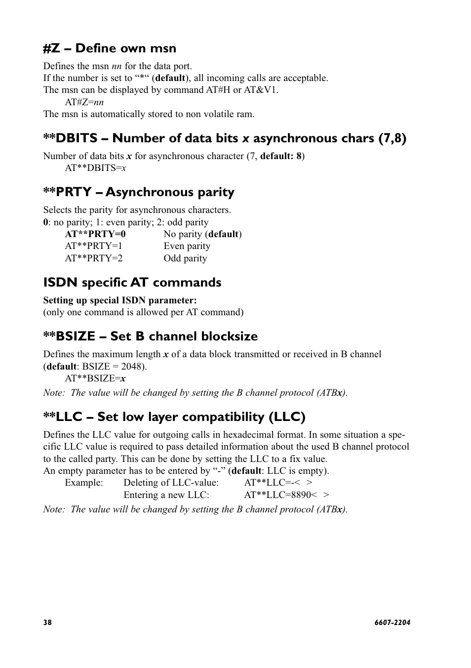 Z – define own msn, Prty – asynchronous parity, Isdn specific at commands | Bsize – set b channel blocksize, Llc – set low layer compatibility (llc) | Westermo ID-90 User Manual | Page 38 / 124