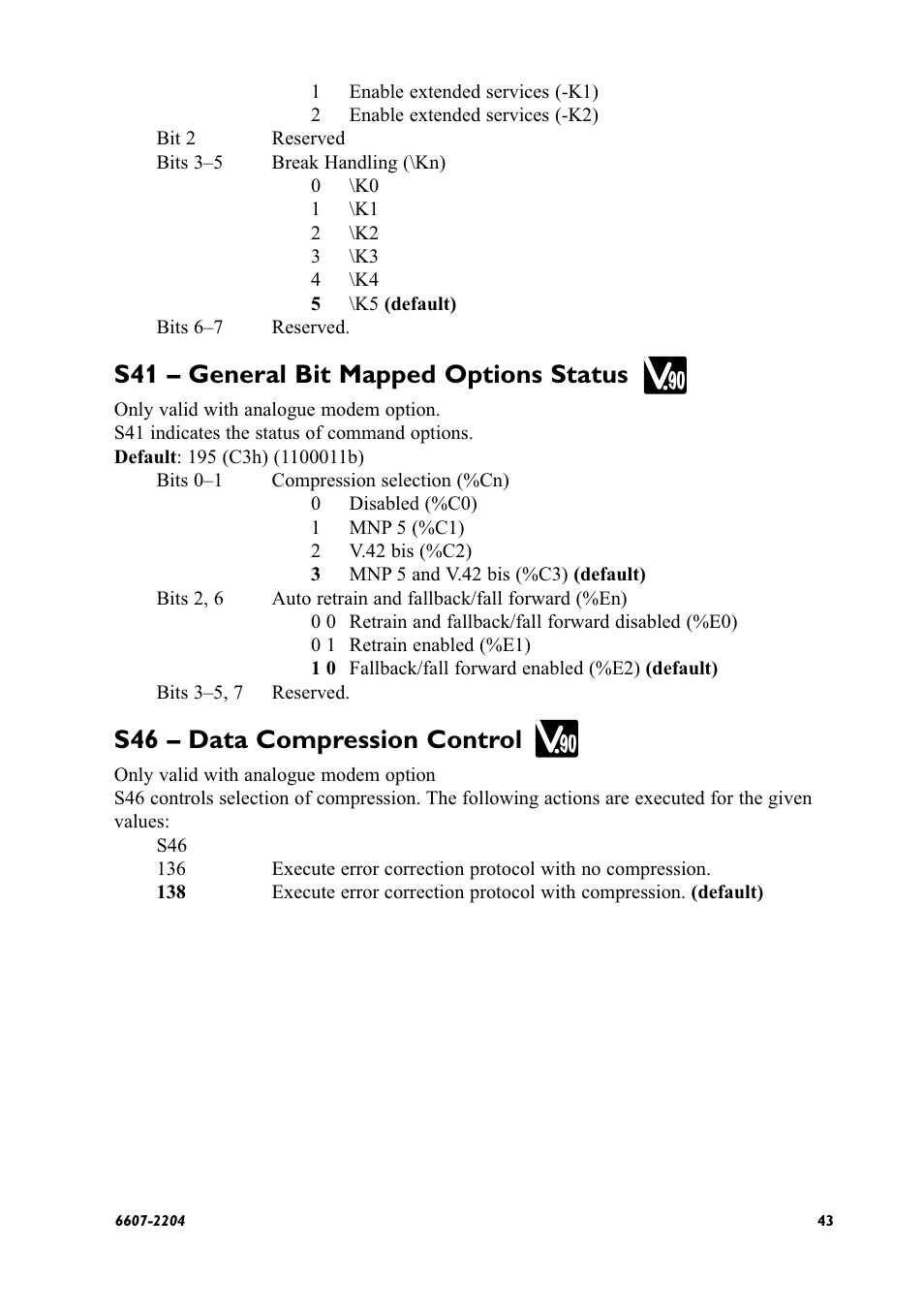 S41 – general bit mapped options status, S46 – data compression control | Westermo ID-90 User Manual | Page 43 / 124