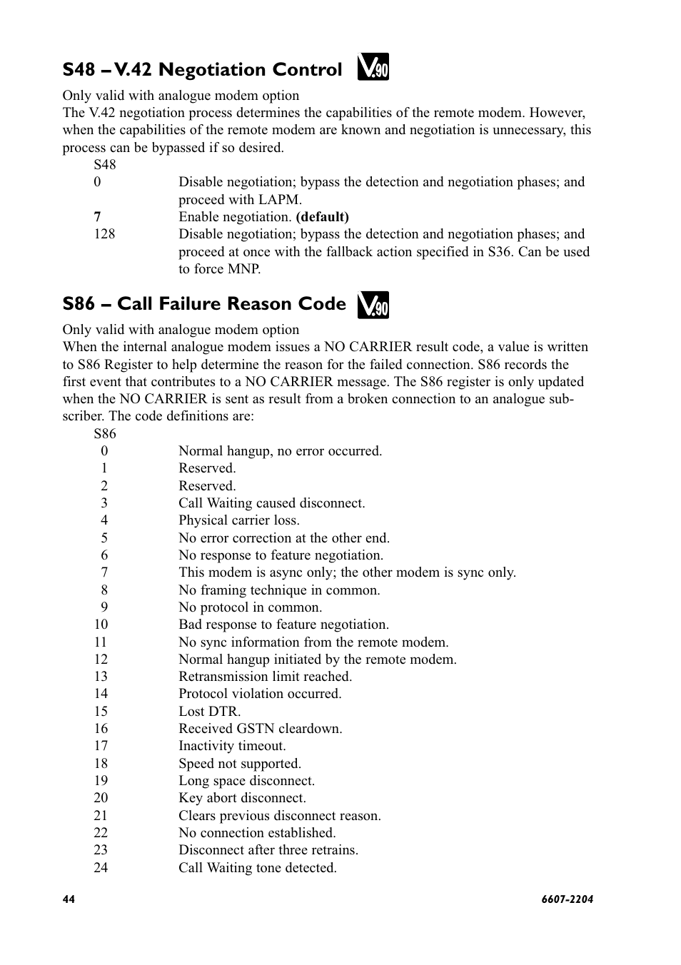 S48 – v.42 negotiation control, S86 – call failure reason code | Westermo ID-90 User Manual | Page 44 / 124