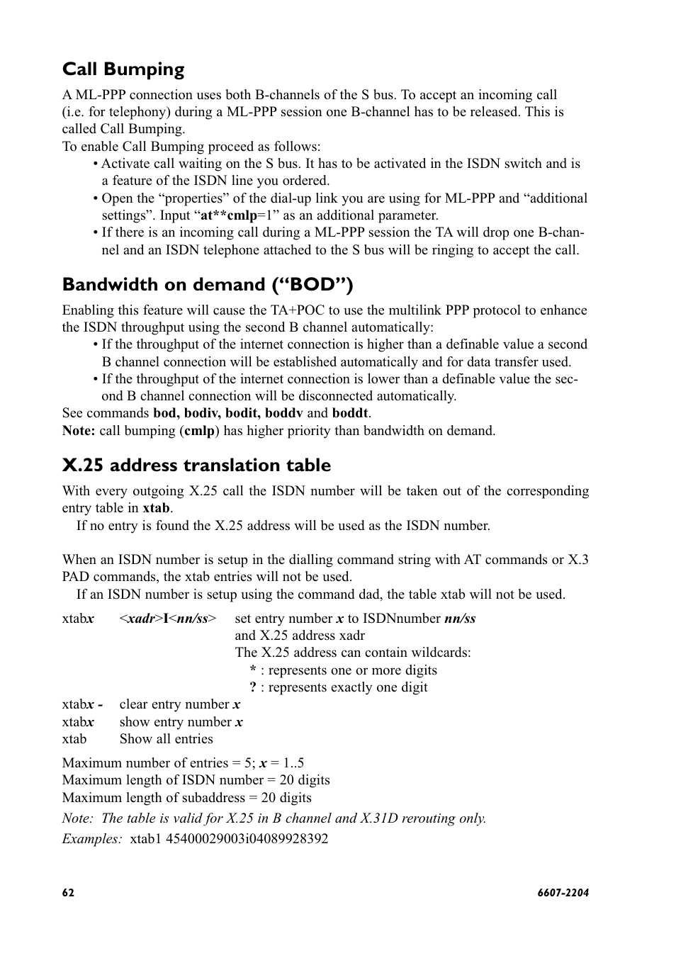 Call bumping, Bandwidth on demand (“bod”), X.25 address translation table | Westermo ID-90 User Manual | Page 62 / 124