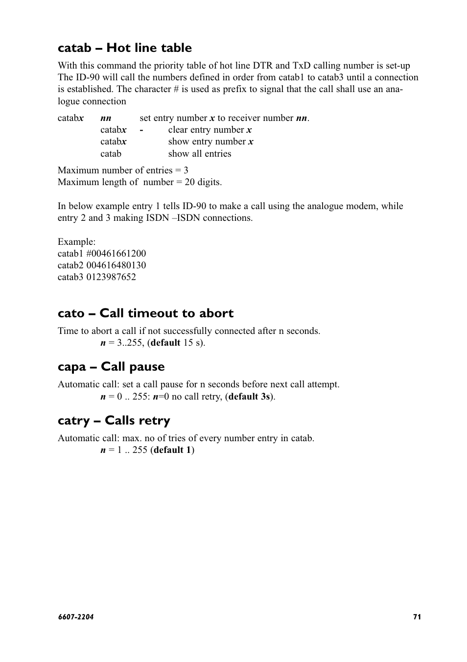 Catab – hot line table, Cato – call timeout to abort, Capa – call pause | Catry – calls retry | Westermo ID-90 User Manual | Page 71 / 124