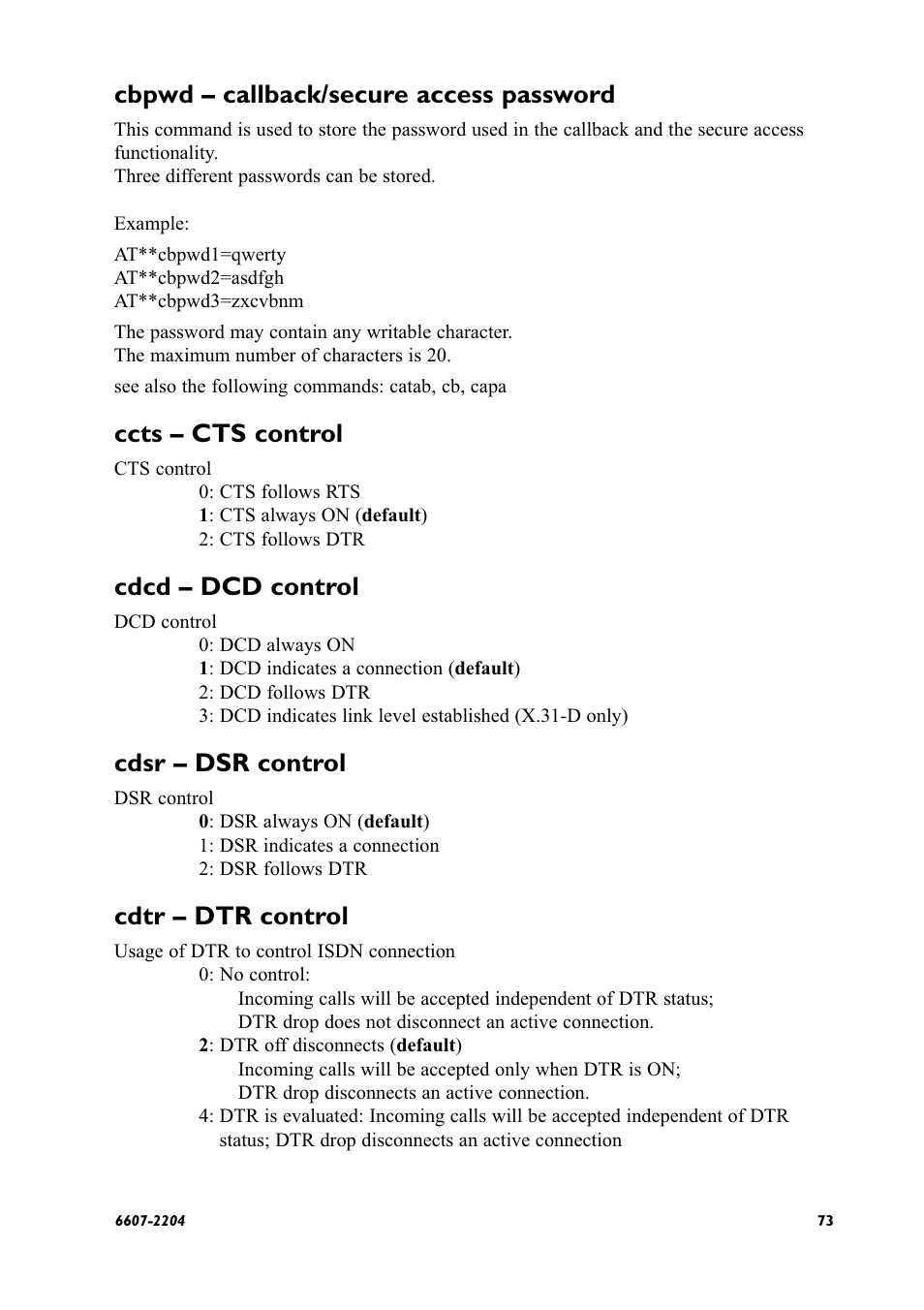 Cbpwd – callback/secure access password, Ccts – cts control, Cdcd – dcd control | Cdsr – dsr control, Cdtr – dtr control | Westermo ID-90 User Manual | Page 73 / 124