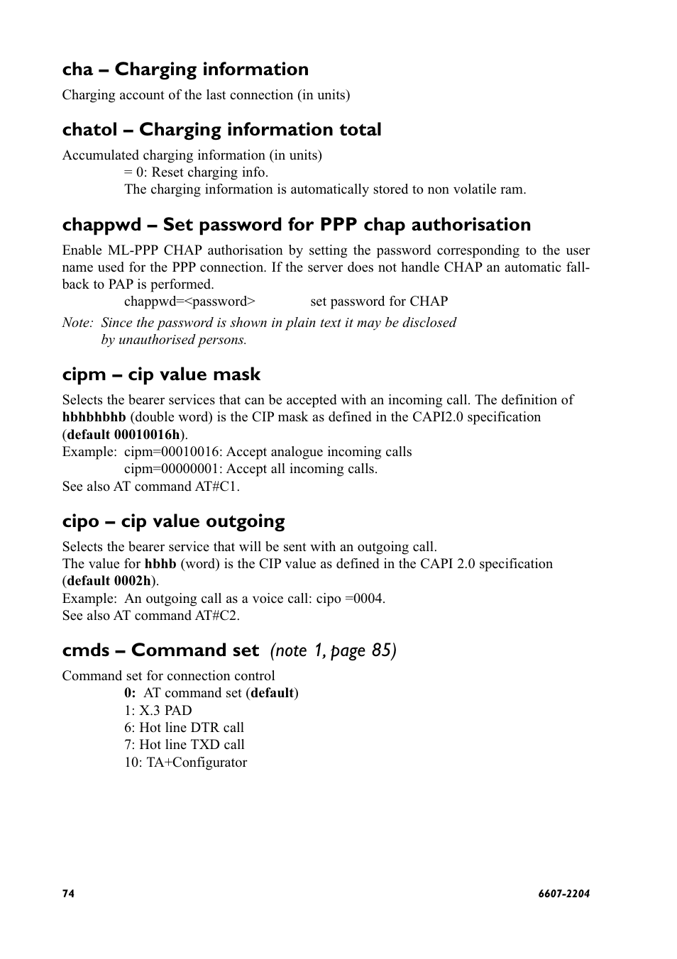 Cha – charging information, Chatol – charging information total, Chappwd – set password for ppp chap authorisation | Cipm – cip value mask, Cipo – cip value outgoing | Westermo ID-90 User Manual | Page 74 / 124