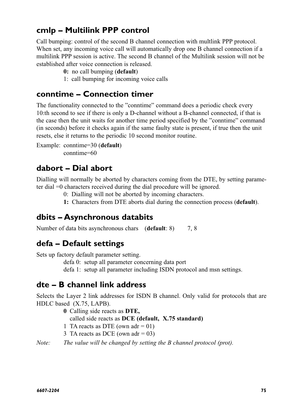 Cmlp – multilink ppp control, Conntime – connection timer, Dabort – dial abort | Dbits – asynchronous databits, Defa – default settings, Dte – b channel link address | Westermo ID-90 User Manual | Page 75 / 124