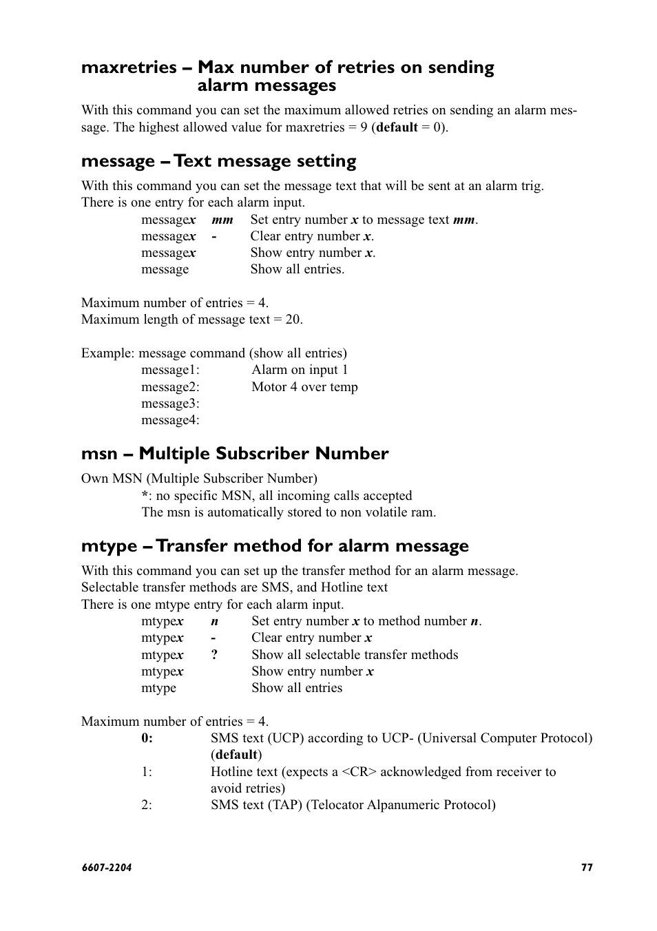 Message – text message setting, Msn – multiple subscriber number, Mtype – transfer method for alarm message | Westermo ID-90 User Manual | Page 77 / 124