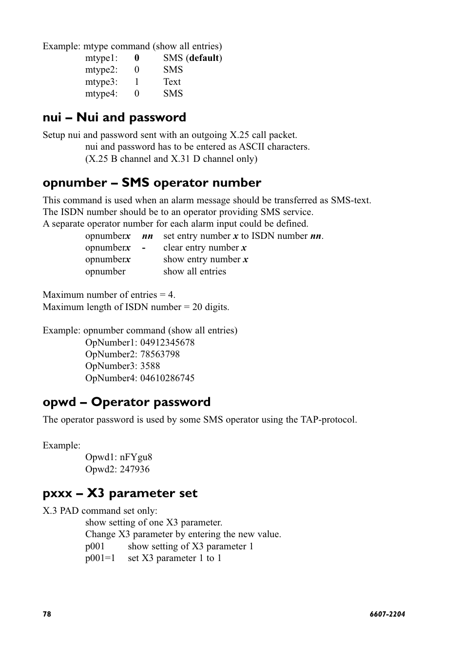 Nui – nui and password, Opnumber – sms operator number, Opwd – operator password | Pxxx – x3 parameter set | Westermo ID-90 User Manual | Page 78 / 124