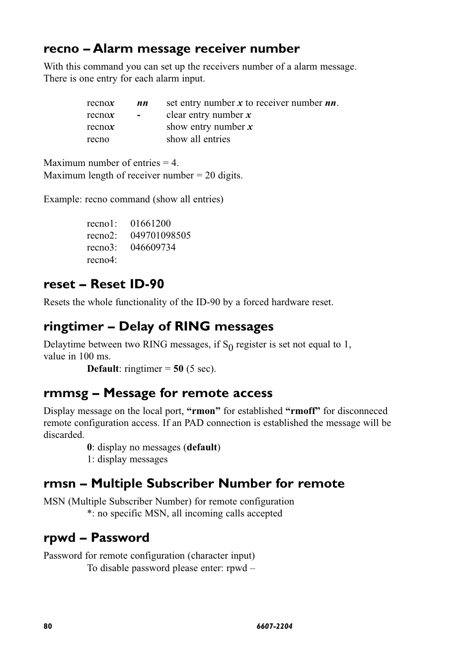 Recno – alarm message receiver number, Reset – reset id-90, Ringtimer – delay of ring messages | Rmmsg – message for remote access, Rmsn – multiple subscriber number for remote, Rpwd – password | Westermo ID-90 User Manual | Page 80 / 124