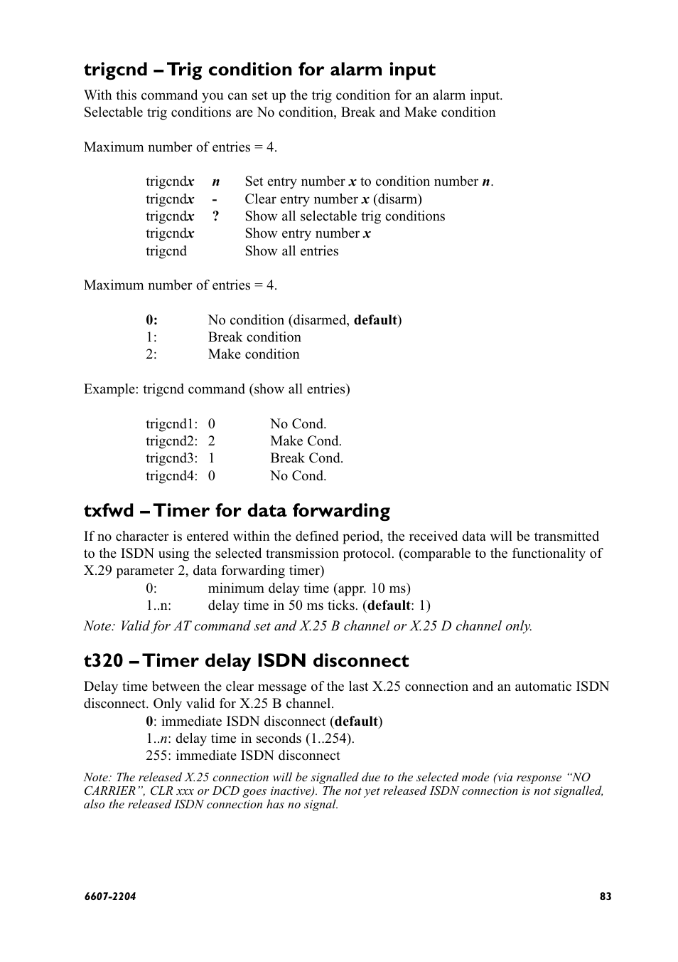 Trigcnd – trig condition for alarm input, Txfwd – timer for data forwarding, T320 – timer delay isdn disconnect | Westermo ID-90 User Manual | Page 83 / 124