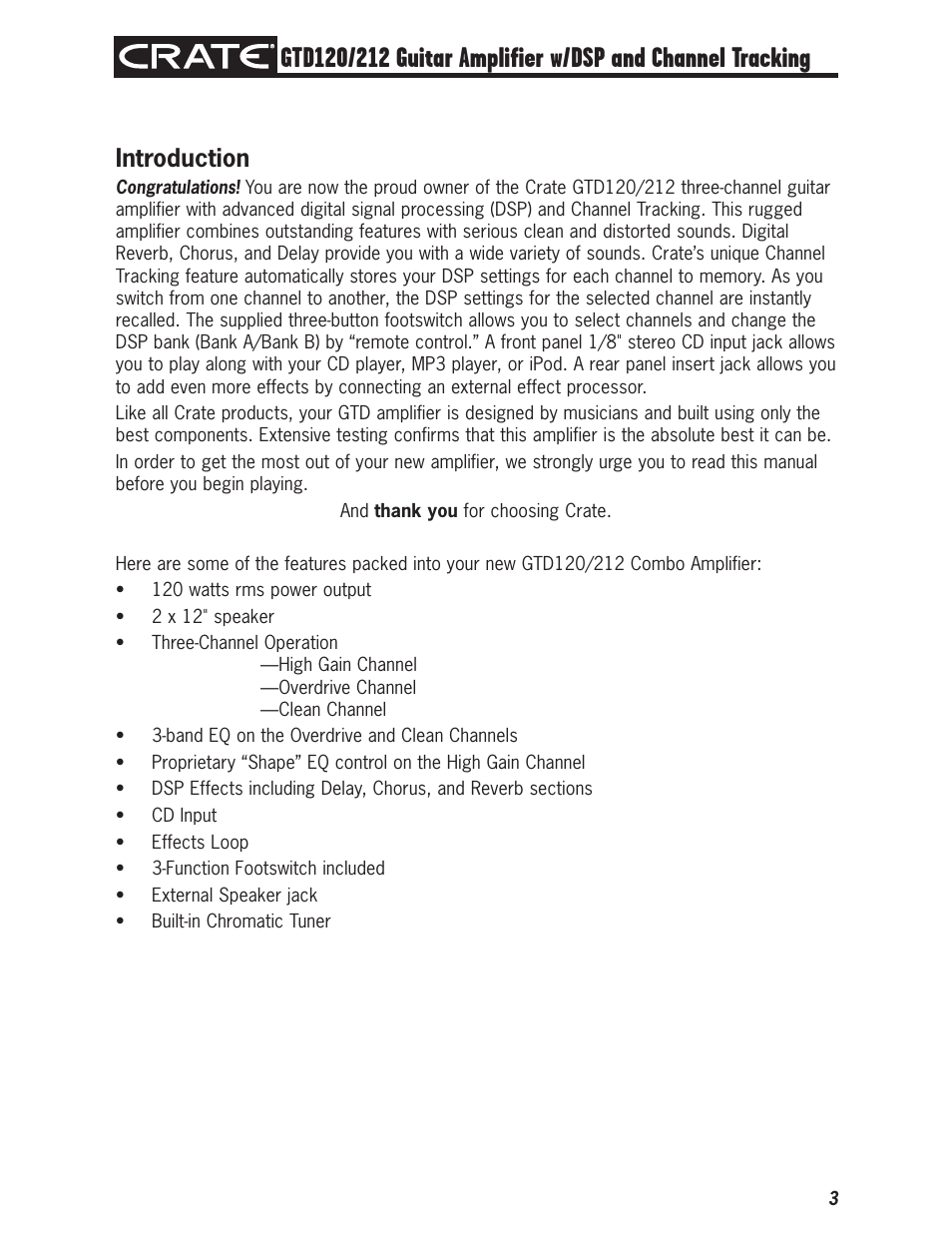 Introduction | Crate Amplifiers GTD120 User Manual | Page 3 / 12