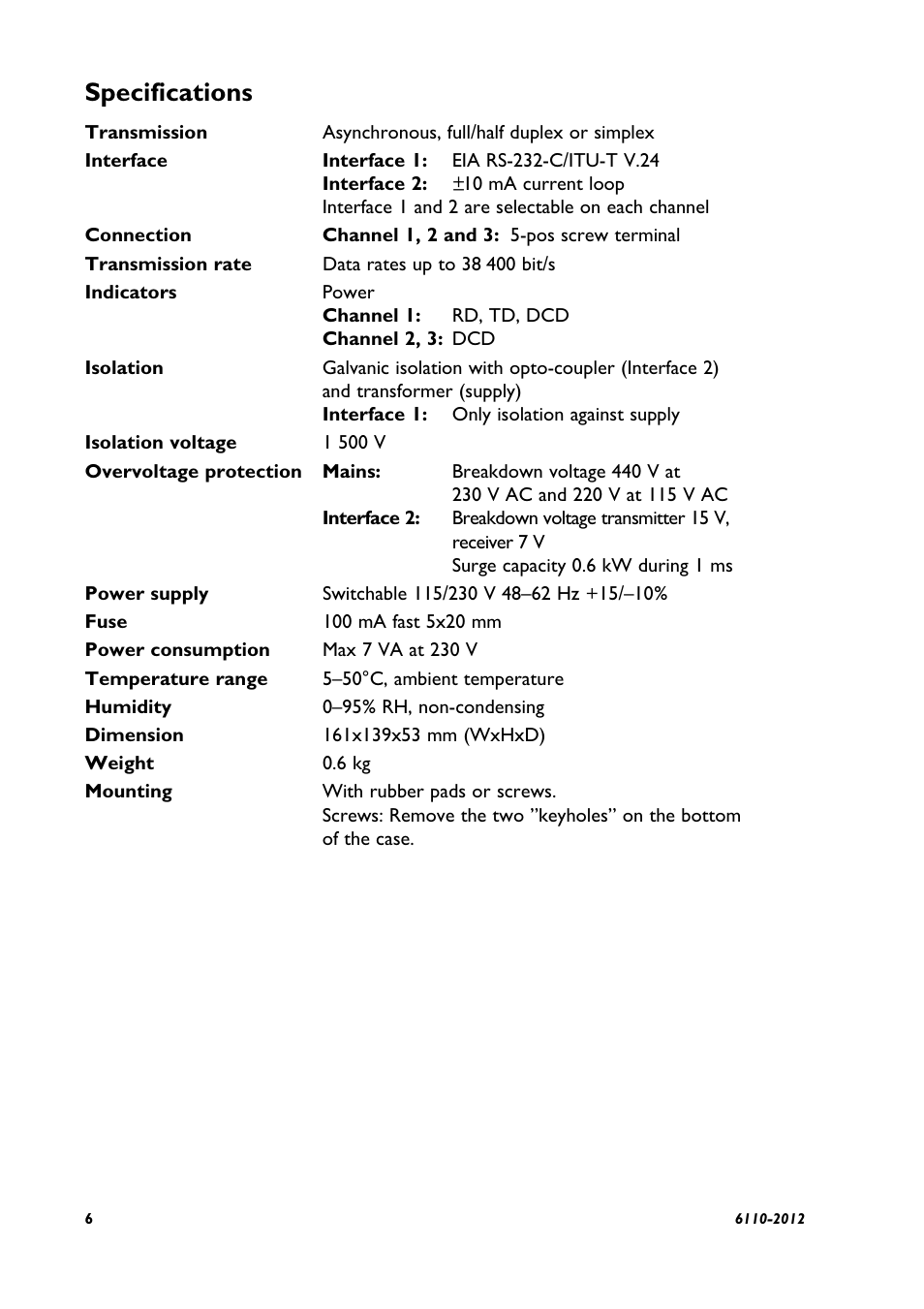 Specifications | Westermo LA-01 User Manual | Page 2 / 6