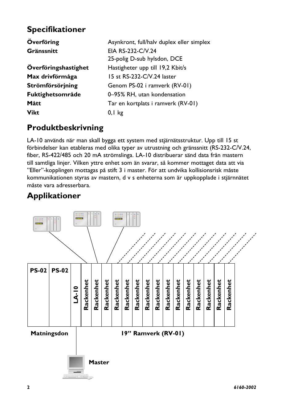 Specifikationer, Produktbeskrivning, Applikationer | Westermo LA-10 User Manual | Page 2 / 12