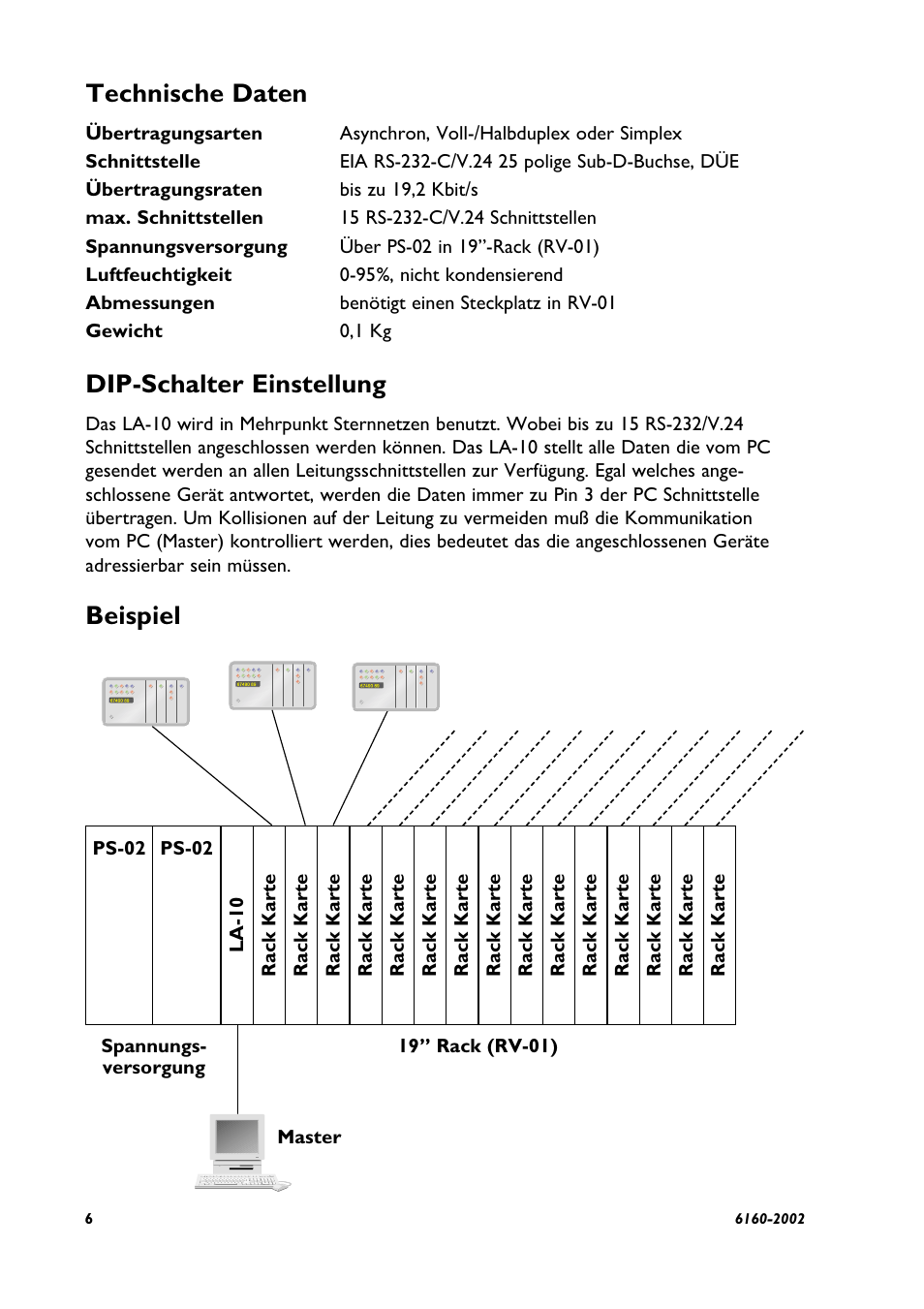 Technische daten, Dip-schalter einstellung, Beispiel | Westermo LA-10 User Manual | Page 6 / 12