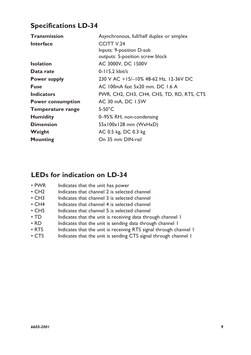 Specifications ld-34, Leds for indication on ld-34 | Westermo LD-34 User Manual | Page 3 / 8