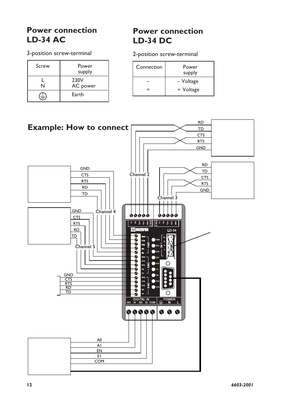 Example: how to connect power connection ld-34 dc, Power connection ld-34 ac, Position screw-terminal | Westermo LD-34 User Manual | Page 6 / 8