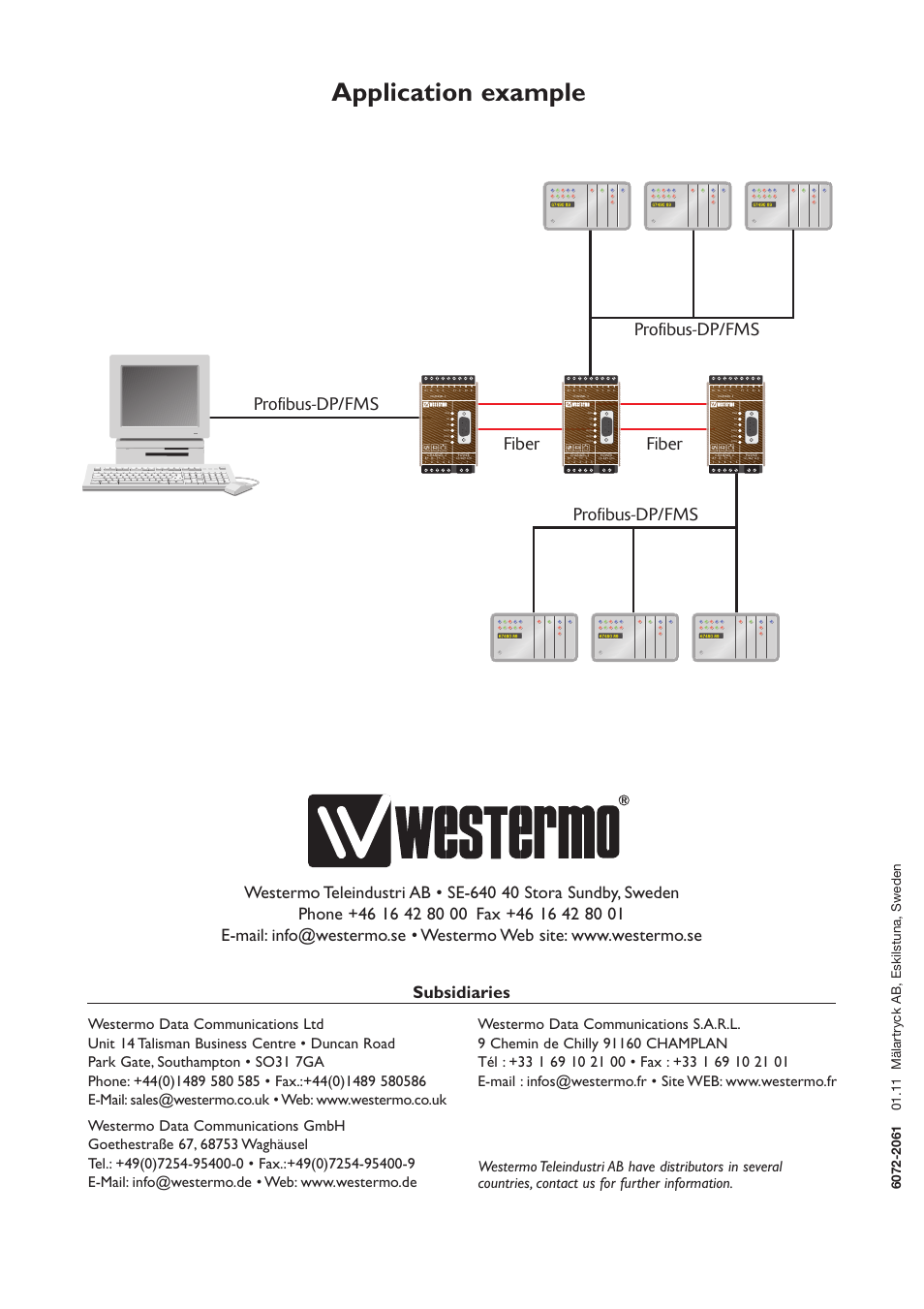 Application example, Profibus-dp/fms, Profibus-dp/fms fiber fiber profibus-dp/fms | Subsidiaries | Westermo LD-63 User Manual | Page 10 / 10
