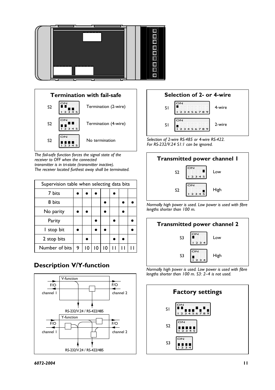 Factory settings, Description v/y-function, Termination with fail-safe | Transmitted power channel 1, Transmitted power channel 2, Selection of 2- or 4-wire | Westermo LD-63 AD User Manual | Page 11 / 28