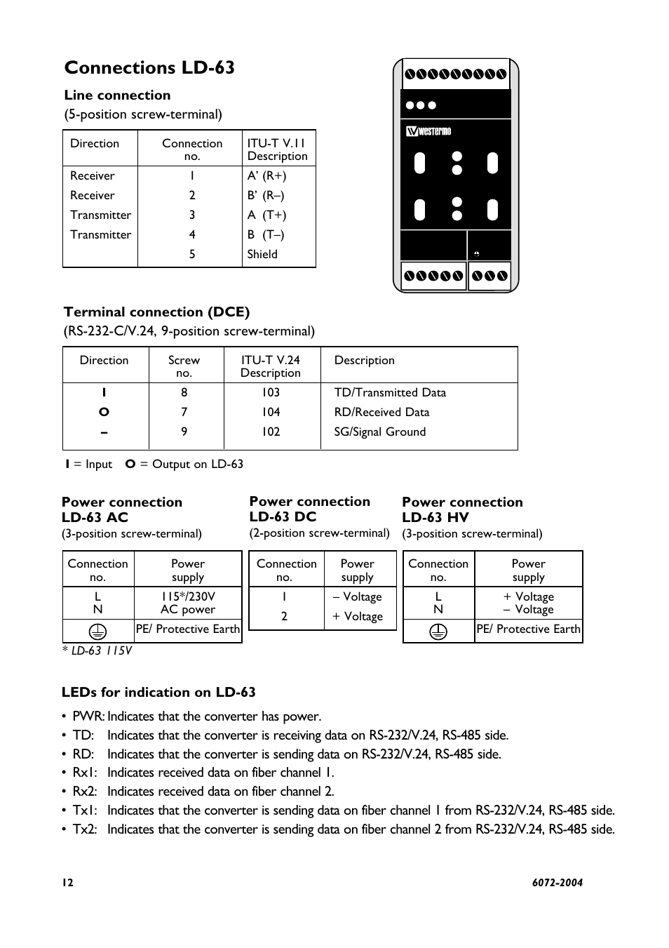 Connections ld-63, Power connection ld-63 dc, Power connection ld-63 ac | Power connection ld-63 hv | Westermo LD-63 AD User Manual | Page 12 / 28