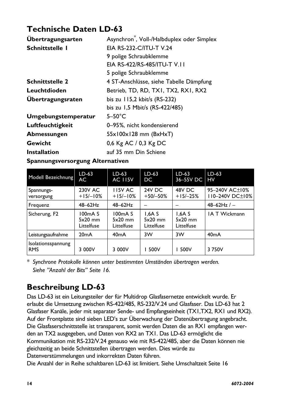 Technische daten ld-63, Beschreibung ld-63 | Westermo LD-63 AD User Manual | Page 14 / 28