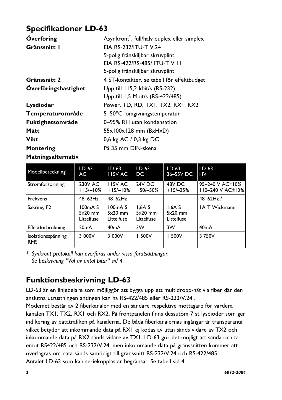 Specifikationer ld-63, Funktionsbeskrivning ld-63 | Westermo LD-63 AD User Manual | Page 2 / 28