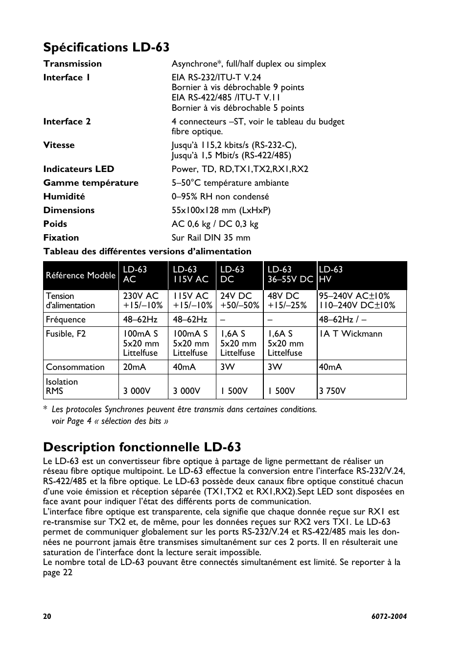 Spécifications ld-63, Description fonctionnelle ld-63 | Westermo LD-63 AD User Manual | Page 20 / 28