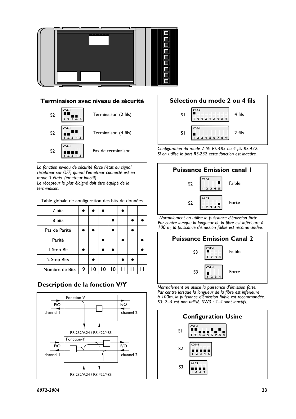Terminaison avec niveau de sécurité, Puissance emission canal 1, Puissance emission canal 2 | Configuration usine, Sélection du mode 2 ou 4 fils, Description de la fonction v/y | Westermo LD-63 AD User Manual | Page 23 / 28