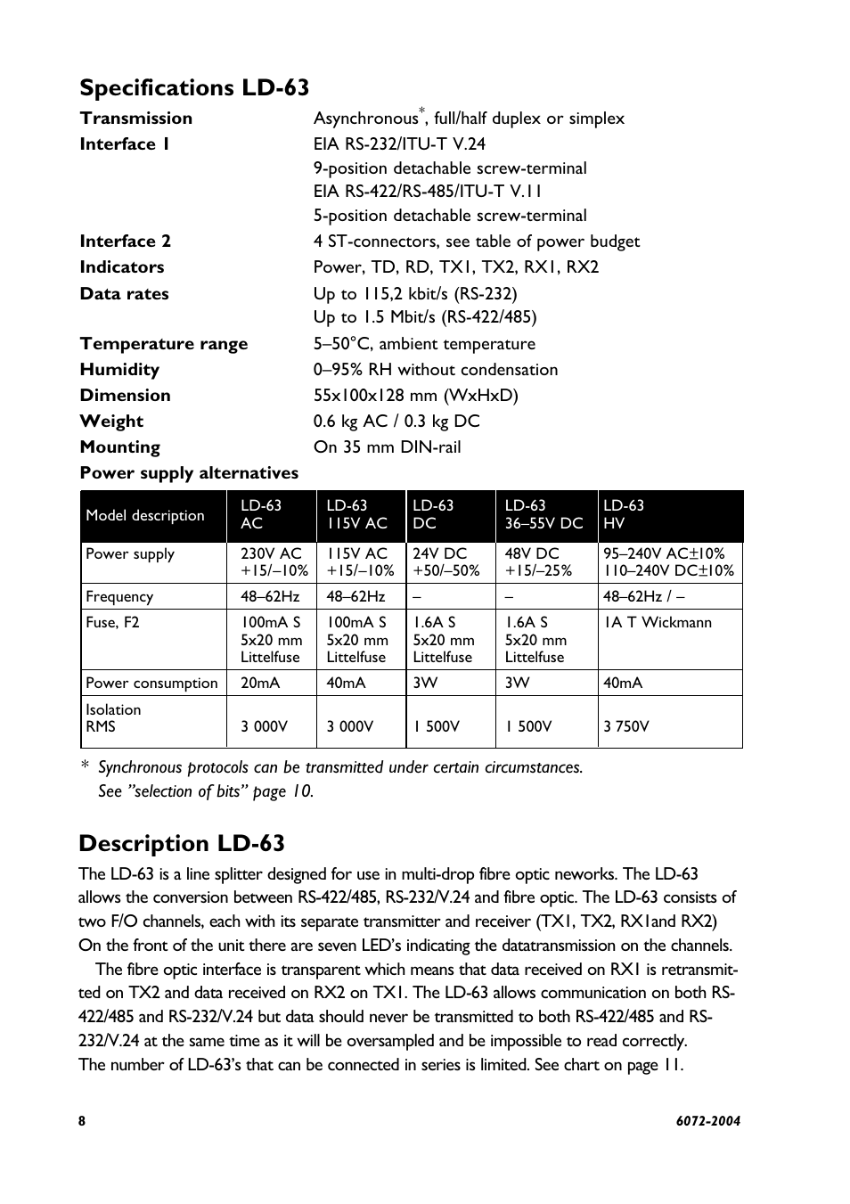 Specifications ld-63, Description ld-63 | Westermo LD-63 AD User Manual | Page 8 / 28