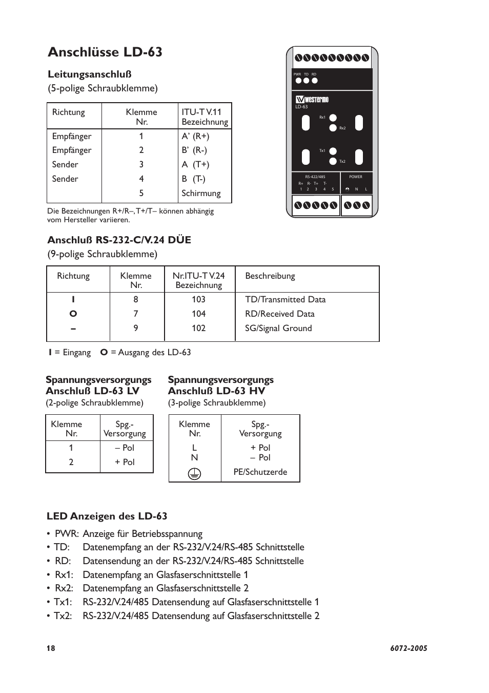 Anschlüsse ld-63, Leitungsanschluß (5-polige schraubklemme), Spannungsversorgungs anschluß ld-63 lv | Spannungsversorgungs anschluß ld-63 hv | Westermo LD-63 HV User Manual | Page 18 / 28