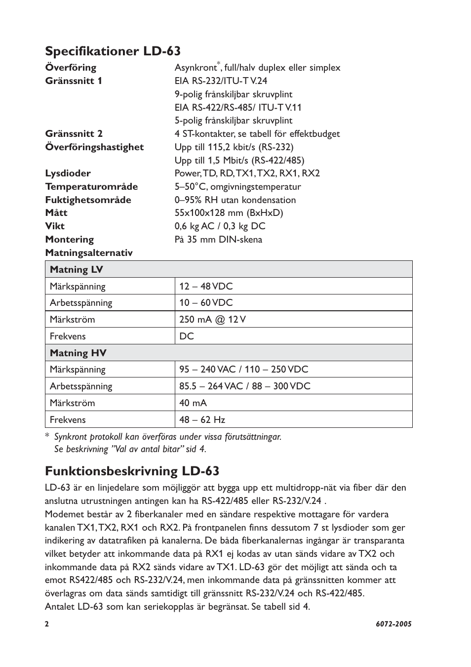 Specifikationer ld-63, Funktionsbeskrivning ld-63 | Westermo LD-63 HV User Manual | Page 2 / 28