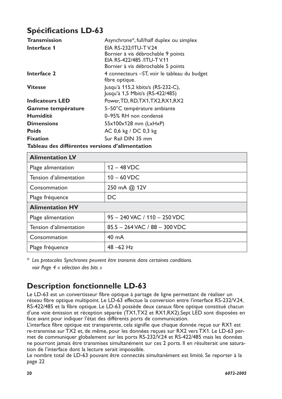 Spécifications ld-63, Description fonctionnelle ld-63 | Westermo LD-63 HV User Manual | Page 20 / 28