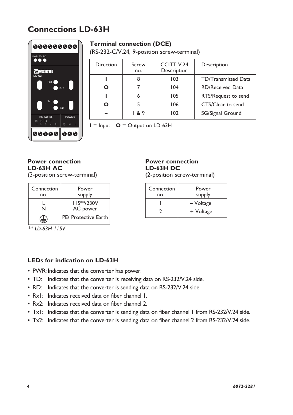 Connections ld-63h | Westermo LD-63H AC User Manual | Page 4 / 8