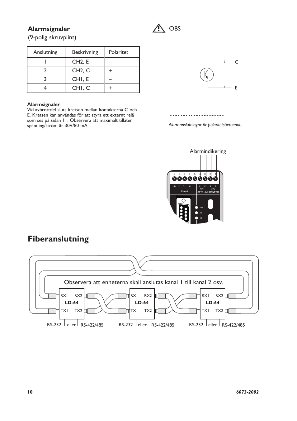 Fiberanslutning, Alarmsignaler (9-polig skruvplint) | Westermo LD-64 User Manual | Page 10 / 42