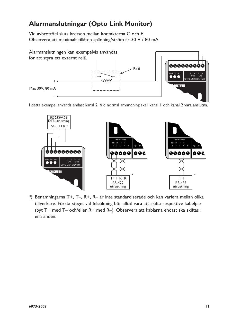 Alarmanslutningar (opto link monitor), Sg td rd, Max 30v, 80 ma relä | Rs-422 utrustning r, Rs-485 utrustning t | Westermo LD-64 User Manual | Page 11 / 42