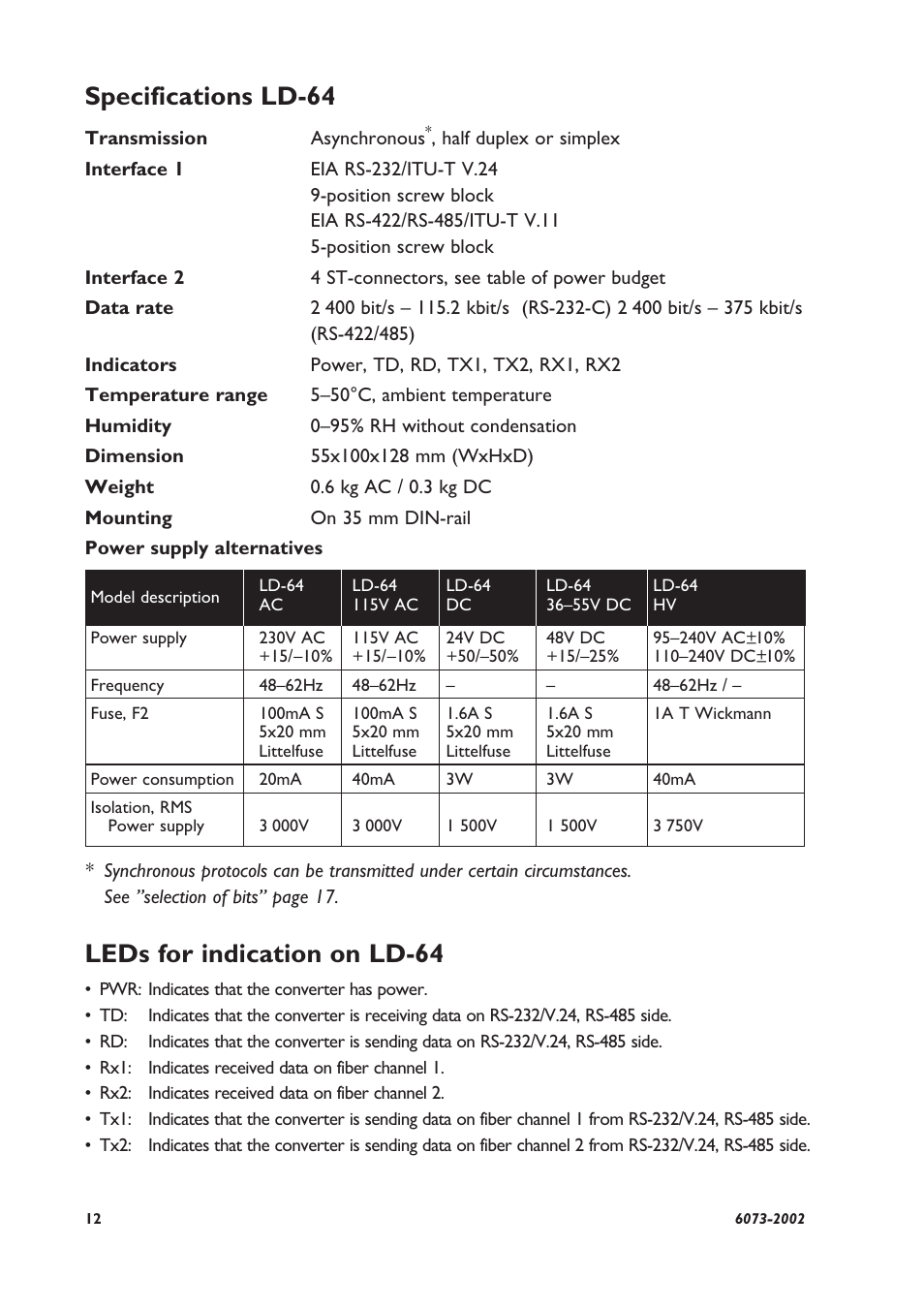 Leds for indication on ld-64, Specifications ld-64 | Westermo LD-64 User Manual | Page 12 / 42