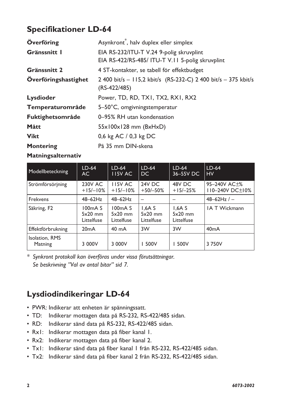 Specifikationer ld-64, Lysdiodindikeringar ld-64 | Westermo LD-64 User Manual | Page 2 / 42