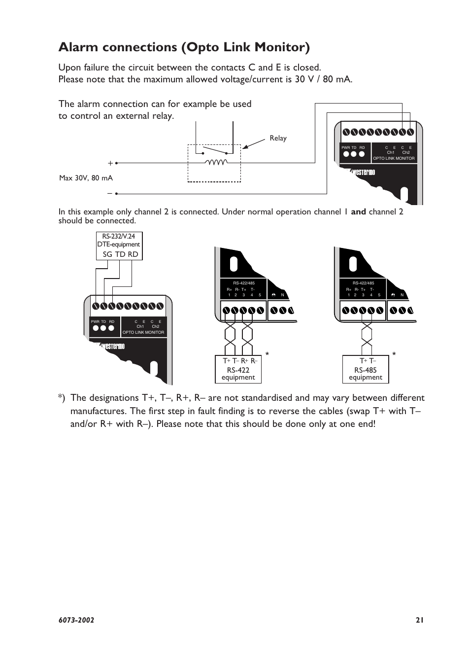 Alarm connections (opto link monitor), Sg td rd, Max 30v, 80 ma relay | Rs-422 equipment r, Rs-485 equipment t | Westermo LD-64 User Manual | Page 21 / 42